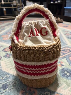 Canvas Drawstring Mini Bucket Bag with Cream & Red Accents